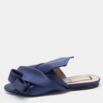 Pre Owned N21  Navy Blue Satin Knot Flat Slides Size 36