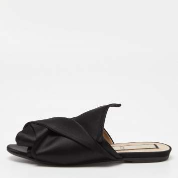 Pre Owned Nº21 Black Satin Raso Knot Peep Toe Flat Mules Size 38