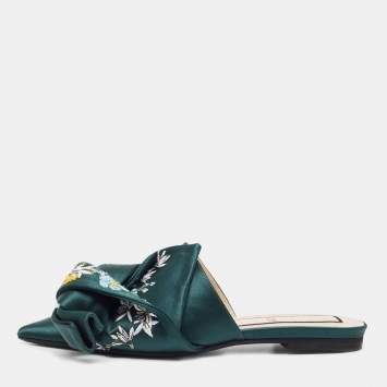 Pre Owned N21 Green Satin Floral Embroidered Knot Flat Slides Size 36