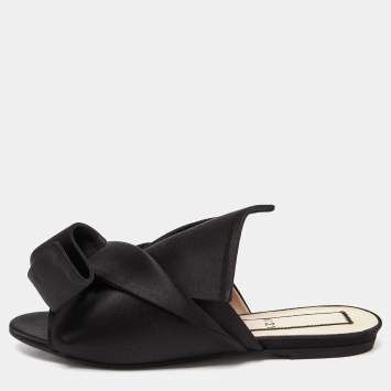 Pre Owned Nº21 Black Satin Raso Knot Flat Mules Size 38.5