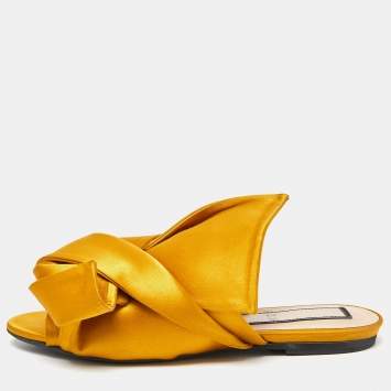 Pre Owned N°21 Mustard Satin Knot Flat Mules Size 37