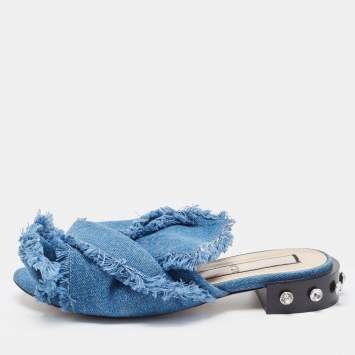 Pre Owned N21 Blue Denim Crystal Embellished Knotted Flat Sandals Size 40