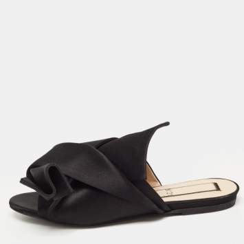 Pre Owned Nº21 Black Satin Knot Flat Slides Size 36