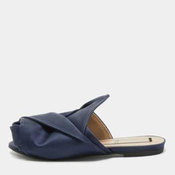 Pre Owned N21 Navy Blue Satin Knot Flat Mules Size 38.5