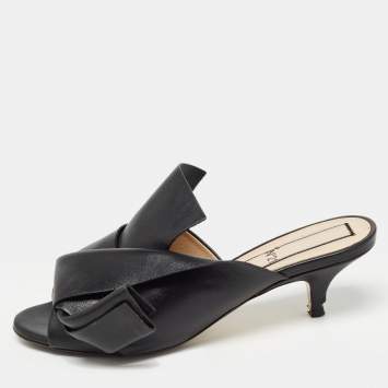 Pre Owned N21 Black Leather Knot Slide Sandals Size 37