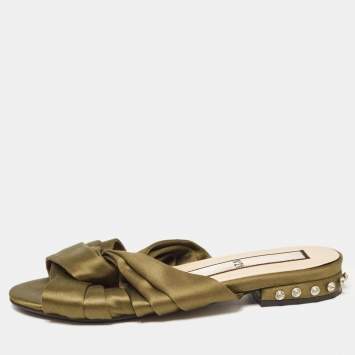 Pre Owned Nº21 Green Satin Knot Studded Heel Flat Slides Size 37