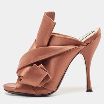 Pre Owned N21 Brown Satin Raso Knot Peep Toe Mules Size 39
