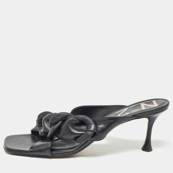 Pre Owned N°21 Black Leather Chain Detail Slide Sandals Size 41