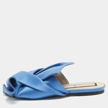 Pre Owned N21 Blue Knotted Satin Flat Slides Size 39