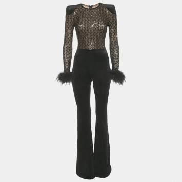 مملوكة مسبقًا Nadine Merabi Black Sequin Knit and Velvet Feather Trimmed Jumpsuit S