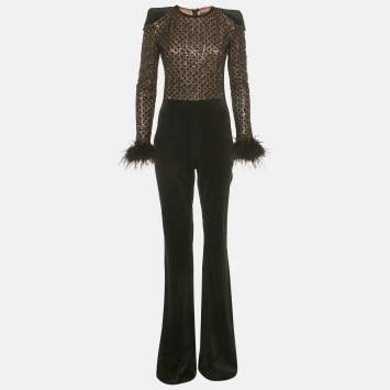 Pre Owned Nadine Merabi Black Patterned Sequin Knit and Velvet Feather Detail Jumpsuit M