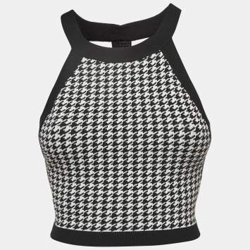 Pre Owned Nagnata Black Houndstooth Strap Back Crop Top M
