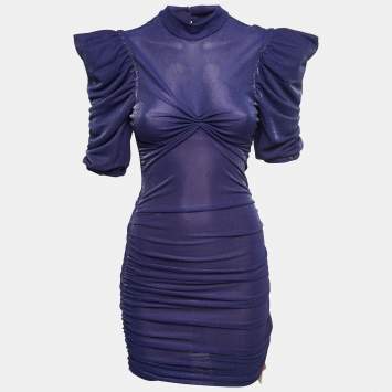 Pre Owned Nana Jacqueline Navy Blue Lurex Knit Ruched Open Back Mini Dress M