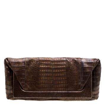 Pre Owned Nancy Gonzalez Metallic Brown Crocodile Frame Foldover Clutch