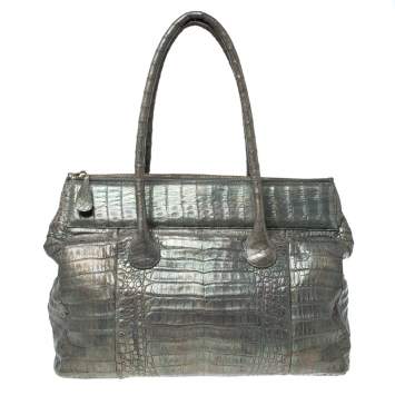 Pre Owned Nancy Gonzalez Grey/Holographic Effect Crocodile Satchel   