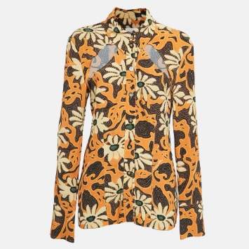 Pre Owned Nanushka Orange Floral Print Crepe Cut-Out Slim Fit Shirt L