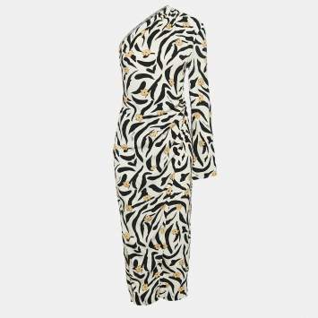 Nanushka Cream Floral Animal Print Crepe One-Shoulder Midi Wrap Dress XS