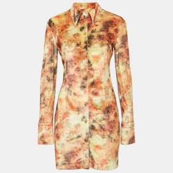 Nanushka Orange Hazy Floral Print Velvet Jersey Romee Mini Shirt Dress M