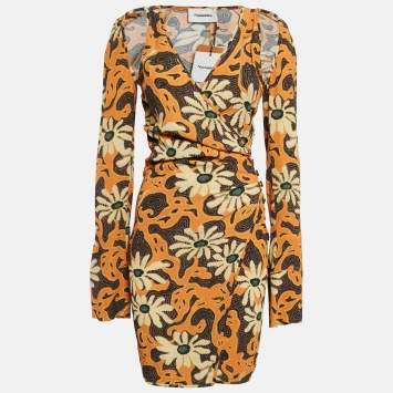 Nanushka Orange Floral Print Crepe Cut-Out Ira Wrap Dress M