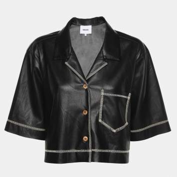 Pre Owned Nanushka Black Vegan Leather Cropped Camp Shirt S