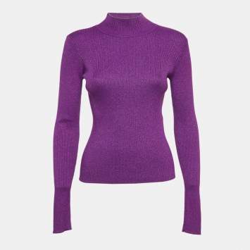 Pre Owned NBD Purple Lurex Rib Knit High Neck Pullover M