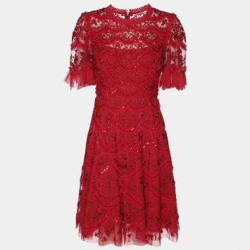 Pre Owned Needle & Thread Red Mesh Embroidered Liliy Bloom Mini Dress S