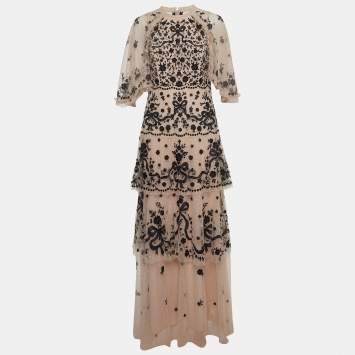 Pre Owned Needle & Thread Pink Floral Embroidered Tulle Cape Sleeve Gown L