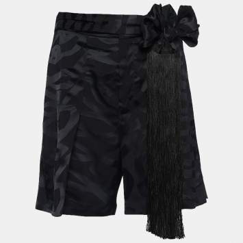 Pre Owned Neil Barrett Black Satin Fringe Tie Belt Slouch Shorts S