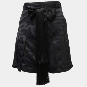 Pre Owned Neil Barrett Black Satin Fringed Tie-Belt Slouch Shorts S