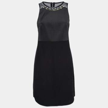 Pre Owned Rebecca Taylor Black Neoprene and Mesh Embellished Neckline Dress S 