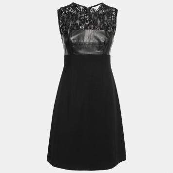 Pre Owned Rebecca Taylor Black Lace and Leather Panel Detail Dress S 