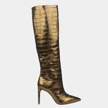 Pre Owned Black Suede Studio x Caroline Stanbury Bronze Metallic Croc Embossed Leather Taylor Boots Size 39