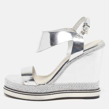Pre Owned Nicholas Kirkwood Leda Size 37.5 Silver Leather Espadrille Wedge Sandals