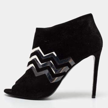 Pre Owned Nicholas Kirkwood Black Suede And PVC Chevron Peep Toe Ankle Booties Size 38.5