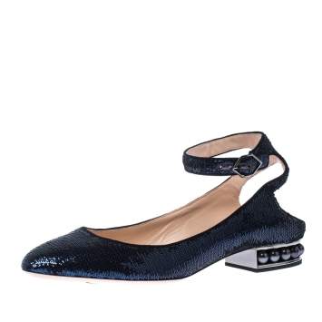 Pre Owned Nicholas Kirkwood Blue Sequins Lola Pearl Embellished Ankle Strap Sandals Size 40