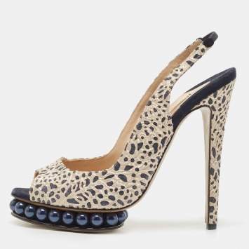 Pre Owned Nicholas Kirkwood Navy Blue/Cream Laser Cut Lace and Suede Pearl Platform Peep Toe Slingback Pumps Size 39