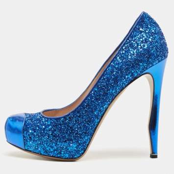 Pre Owned Nicholas Kirkwood Blue Leather and Glitter Platform Pumps Size 40