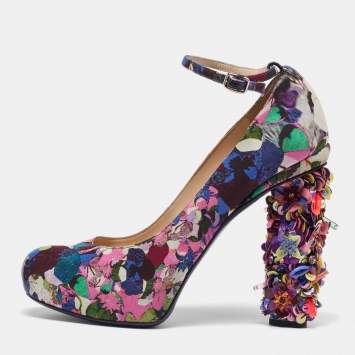 Pre Owned Nicholas Kirkwood Multicolor Printed Fabric Embellished Heel Ankle Strap Pumps Size 40