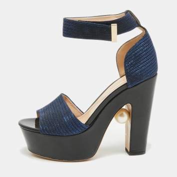 Pre Owned Nicholas Kirkwood Blue/Black Lurex Fabric and Patent Maya Sandals Size 38