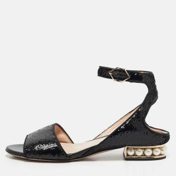 Pre Owned Nicholas Kirkwood Black Sequins Casati Slingback Flats Size 37
