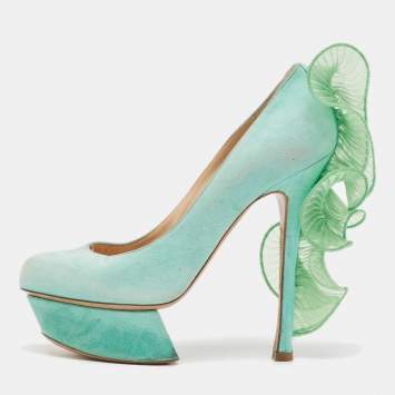 Pre Owned Nicholas Kirkwood Mint Green Suede Ruffle Trimmed Platform Pumps Size 37