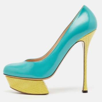 Pre Owned Nicholas Kirkwood Blue/Yellow Leather and Python Leather Platform Pumps Size 41