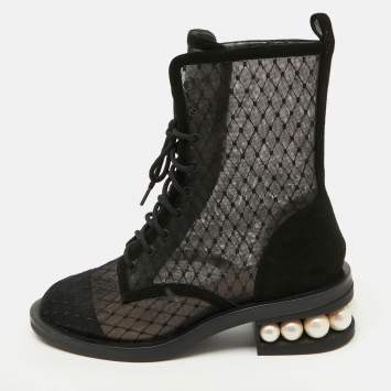 Nicholas Kirkwood Black Mesh and Suede Casati Pearl Ankle Length Boots Size 38