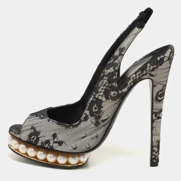 Nicholas Kirkwood Black Lace and Lurex Fabric Slingback Sandals Size 37