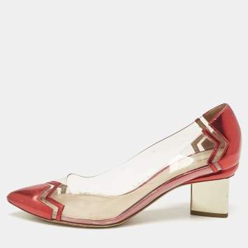 Pre Owned Nicholas Kirkwood Red/Transparent Leather and PVC Block Heel Pumps Size 39