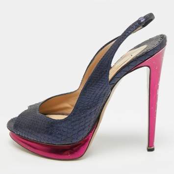 Pre Owned Nicholas Kirkwood Size 38.5 Navy Blue Python Leather Peep Toe Slingback Pumps