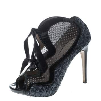 Pre Owned Nicholas Kirkwood Two Tone Sequined and Mesh Peep Toe Booties Size 38.5