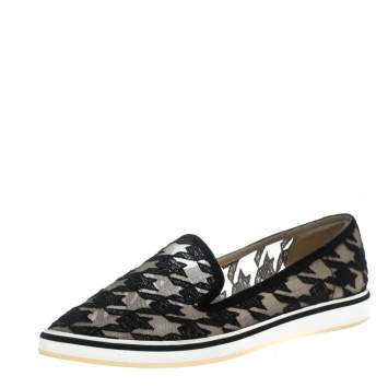 Pre Owned Nicholas Kirkwood Black Mesh and Fabric Alona Hound's Tooth Emroidered Pointed Toe Loafers Size 38