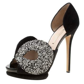 Pre Owned Nicholas Kirkwood Monochrome Suede Cut Out Platform Peep Toe Sandals Size 38.5
