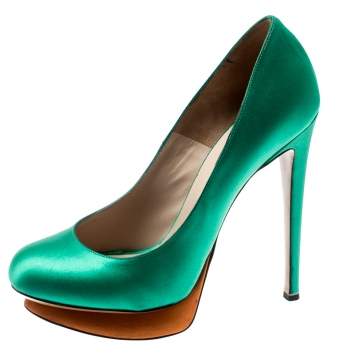 Pre Owned Nicholas Kirkwood Green Satin Platform Pumps Size 36.5
